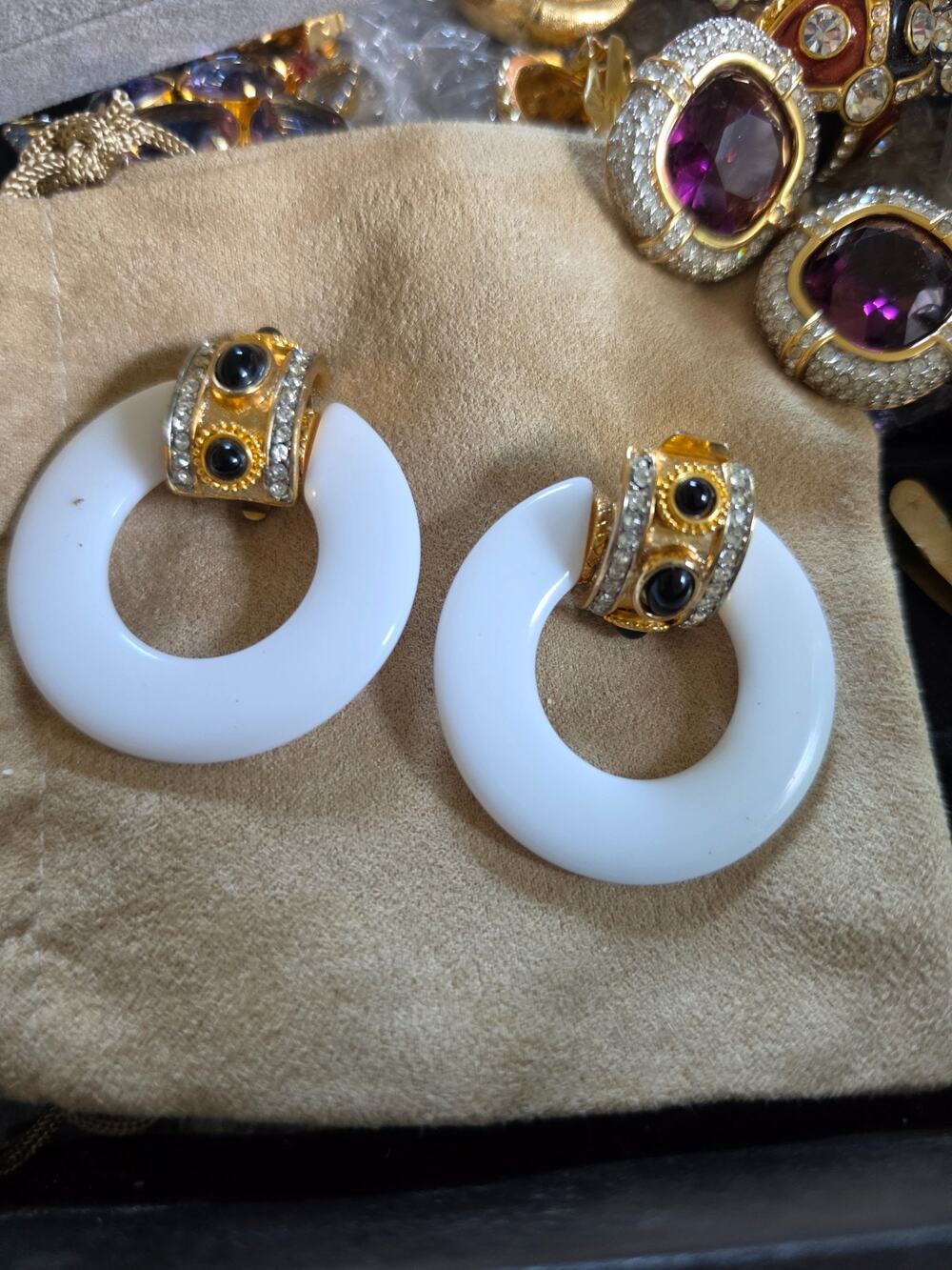 Vintage Gold Tone Rhinestone White Resin Door Knocker 80s Clip on Earrings